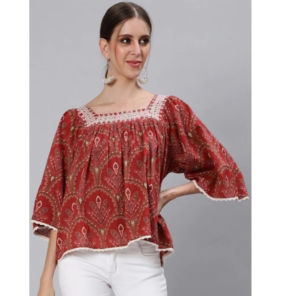 Rachel Zoe Red Paisley Square-Neck Peasant Blouse